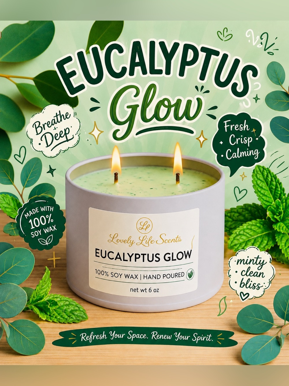 Eucalyptus Glow 6oz Double Wick Premium Soy Candle — Lovely Life Scents